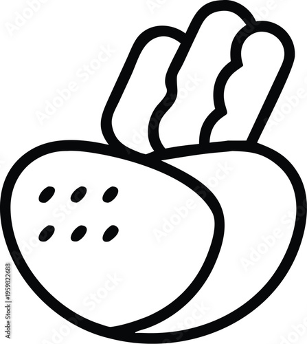 A simple black and white line drawing depicts a halved coconut with two cashew nuts resting on top high quality professional detailed modern elegant stylish clean