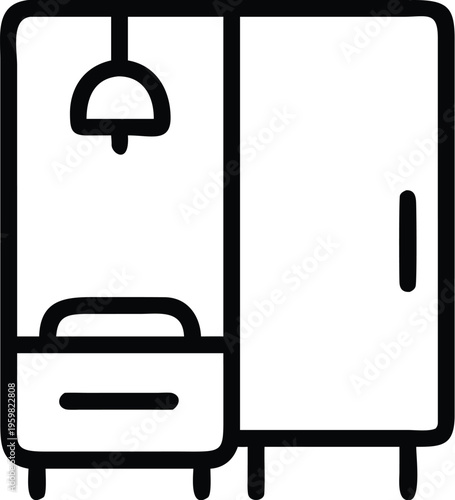 A simple black and white illustration depicts a bedroom wardrobe and bedside table with a lamp on top high quality professional detailed modern elegant stylish clean