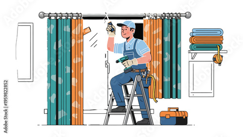 Curtain Installation: A skilled handyman expertly installs curtains in a well-lit interior, showcasing a blend of professionalism and precision in the art of home improvement.