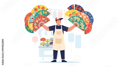 Artisan's Artistic Array: A vendor proudly presents a colorful collection of exquisitely designed hand fans, showcasing the vibrant cultural artistry and craftsmanship.