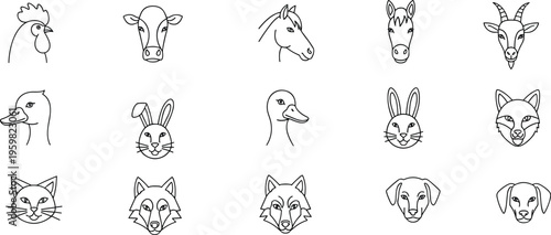 Set of fifteen black outline vector animal head icons featuring farm livestock domestic pets and wild creatures isolated on white background for graphic design