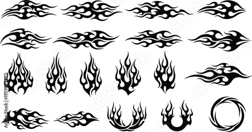 Large set of black flame silhouettes and tribal fire stickers isolated on white background for automotive vehicle wraps motorcycle decals and tattoos