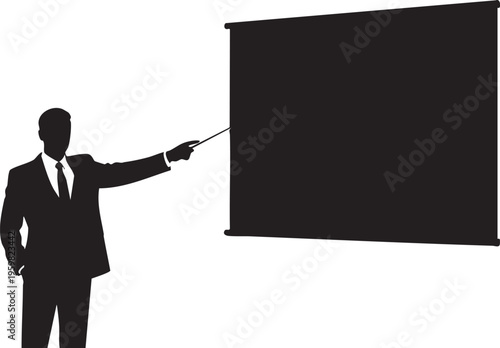 A successful businessman in a professional suit holding a blank presentation board to display a message or vector illustration