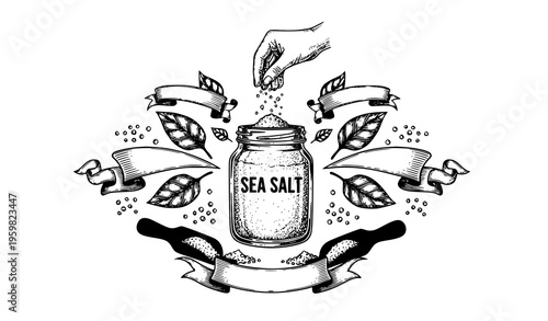 Sea salt vintage label design with engraved glass jar wooden scoop leaves and hand sprinkling salt