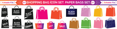 Shopping Bag Icon Black | Paper Bags Illustration | Online Shop Symbol | E-Commerce Logo | Commerce Sign | Isolated | Variations