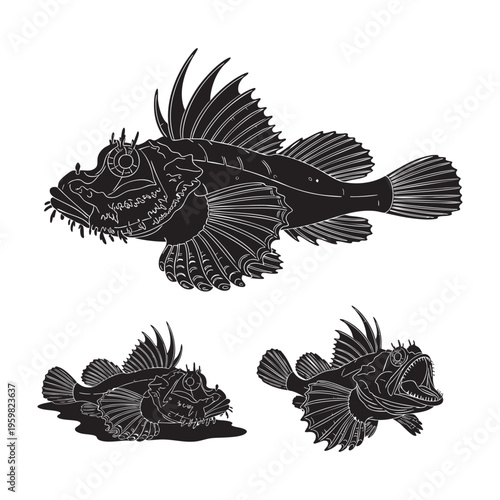 Scorpionfish Three Pose Spiny Ambush Silhouette Vector Bundle