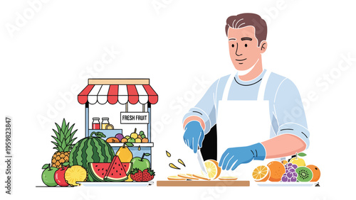 Fruit Vendor's Fresh Slice: A fruit vendor prepares fresh slices of juicy fruit, showcasing vibrant produce and the art of fresh fruit.