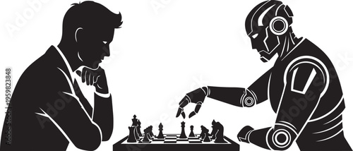 Human vs AI Chess Game Strategy Competition Artificial Intelligence Machine Learning Thinking Decision Making Technology Concept Vector Illustration.