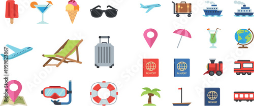 Travel and Summer Vacation Icon Set with Airplanes, Cruise Ships, Beach Gear, and Luggage in Vector Style