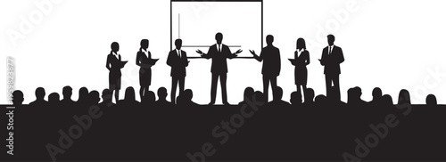 A silhouette illustration of a business group, fitness couple, and family with a child walking in the park among a black crowd of people