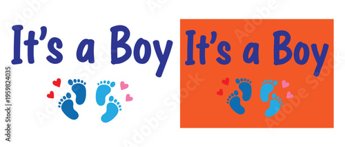 Colorful illustration with blue text Its a Boy and baby footprints for gender reveal celebrations