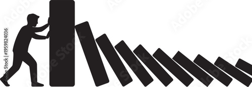 Domino Effect Prevention Business Risk Management Crisis Control Leadership Strategy Stop Chain Reaction Problem Solution Concept Vector Illustration Design.