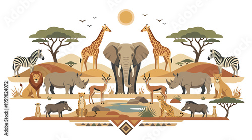 African Safari Animals Illustration: Lion, Elephant, Giraffe, Zebra, Rhino, Meerkat, Warthog
