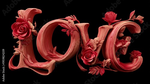 Der geschwungene Schriftzug Love mit Rosen.