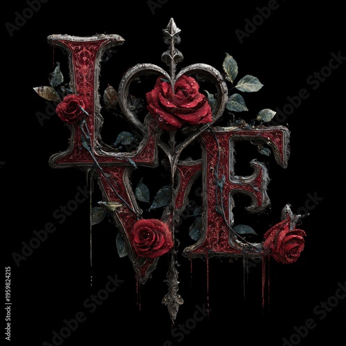 Das Wort Love mit Herz und roten Rosen voe schwarzem Hintergrund.