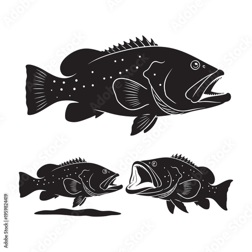 Goliath Grouper Three Pose Giant Mouth Silhouette Vector Bundle