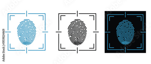 Three stylized fingerprint icons with scanning frames in different color combinations presented on a white background