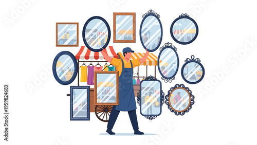 Mirror Merchant's Display: A dedicated street vendor, overflowing with a variety of stylish mirrors, creates a visually stunning display.