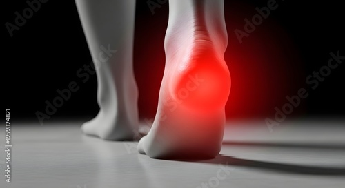 Heel pain and achilles tendon inflammation. Podiatry health and foot injury recovery. Close up of a human foot walking with a red glowing spot on the painful heel bone area