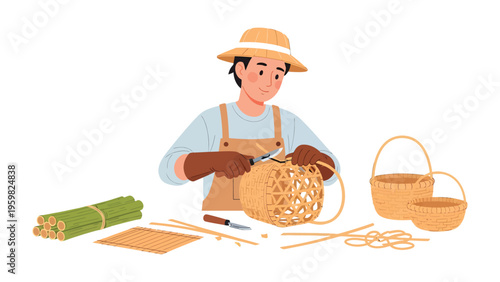 Crafting Traditions: A skilled artisan meticulously weaves a basket with time-honored techniques, showcasing the beauty of handcrafted artistry.