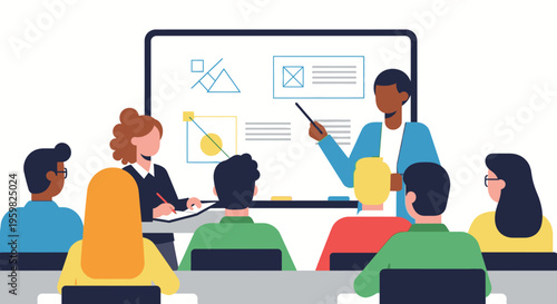 Diverse group of people attending a business meeting or training session, listening to a presenter at a whiteboard.