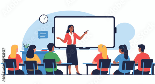 Diverse group of students in a classroom attentively listening to a female teacher presenting at a whiteboard