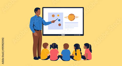 Teacher explaining solar system to young students in a classroom with a digital board showing planets