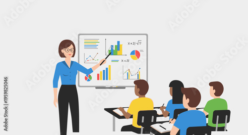 Teacher explaining charts and graphs to students in a classroom, educational concept
