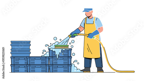 Cleaning and sanitation: An individual focuses on the sanitation of a blue crate using water. Ensuring hygiene with a strong spray of water.