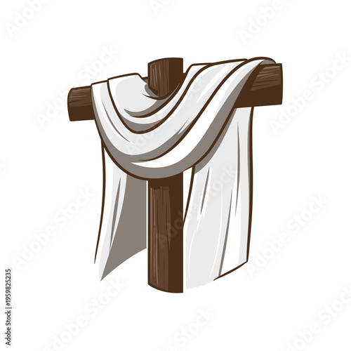 A cartoon depiction of a wooden cross draped with a white, flowing cloth. Simple, clean design