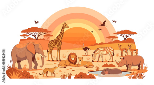 African Safari Animals Silhouette at Sunset with Rainbow Arch