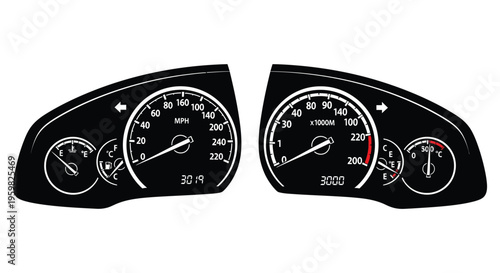 Detailed car dashboard gauges displayed in stark black silhouette