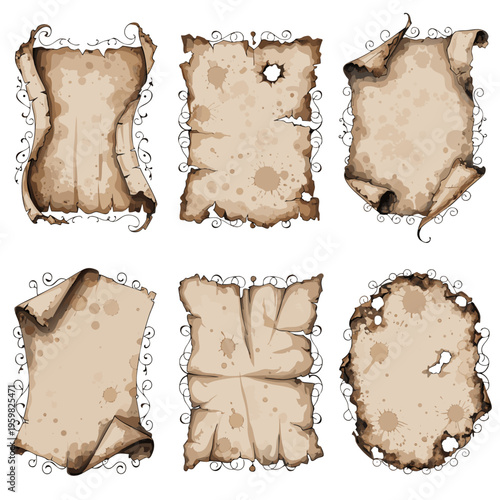 Set of torn and burned paper textures distressed parchment elements