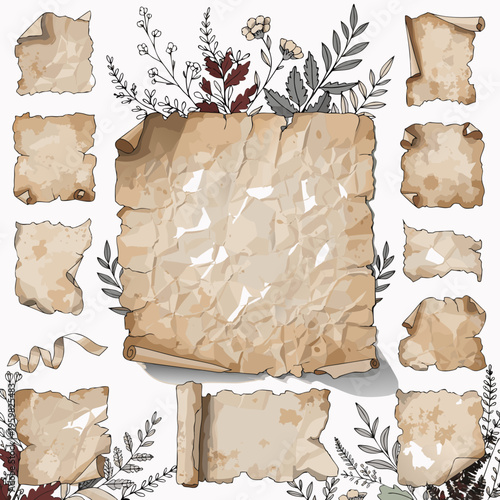 Set of torn and burned paper textures distressed parchment elements