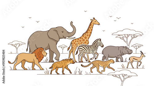 African Safari Animals Silhouette Collection: Lion, Elephant, Giraffe, Zebra, Hippo, Cheetah, Hyena, Antelope