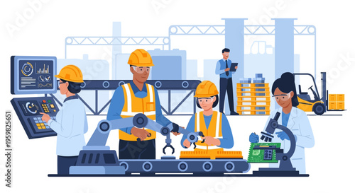 Modern Smart Factory Production with Robotic Automation & Engineers: Industry 4.0 Manufacturing & Digital Technology