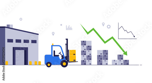 Logistics and Inventory Decline: Forklift Moving Boxes with Downward Trend Graph