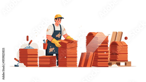 Craftsman Constructing: A focused craftsman meticulously arranges roof tiles on a construction site, demonstrating skill and dedication in his trade.
