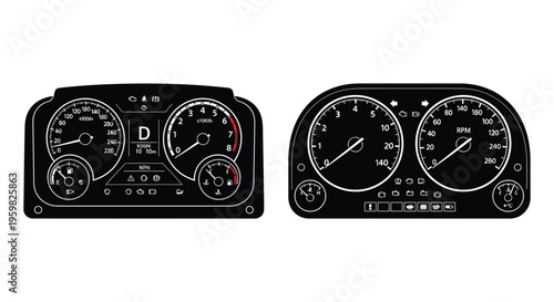 Detailed car dashboard gauges presented as a striking black silhouette