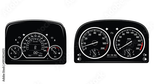 Two automotive dashboard displays with gauges shown as a silhouette