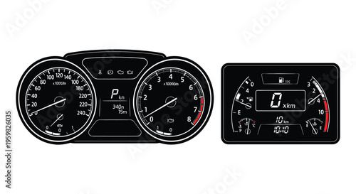 Detailed car dashboard display with gauges and digital readout silhouette