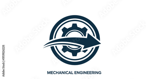 Mechanical Engineering Logo with Gear and Arrow Symbol in Dark Blue on Isolated White Background