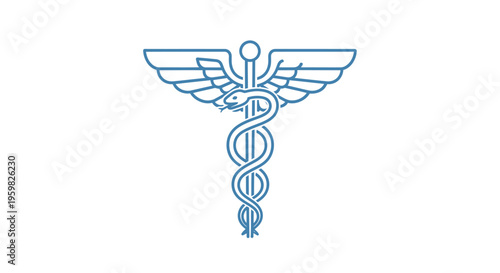 Blue Caduceus Medical Symbol with Snakes and Wings on Isolated White Background