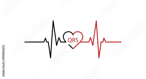 Electrocardiogram ECG Heartbeat Line with QRS Complex and Heart Shape in Red and Black on Isolated White Background