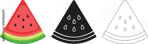 Three triangular slices of watermelon in different styles and colors.