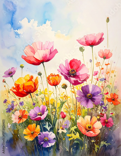 Vibrant Wildflower Field Watercolor Floral Landscape Illustration