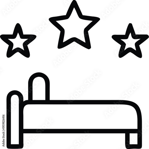 A simple black and white line drawing depicts a bed with a headboard and three stars floating above it high quality professional detailed modern elegant stylish
