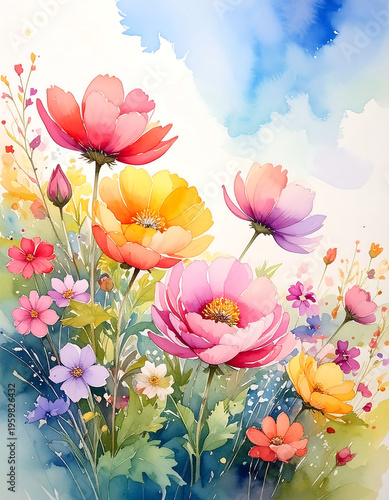 Soft Pastel Wildflowers Watercolor Floral Garden Illustration