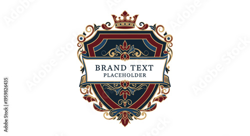 Elegant Vintage Royal Crest Shield with Crown and Floral Ornaments on Isolated White Background