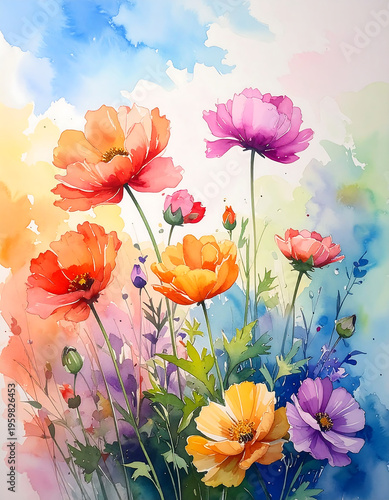 Bright Poppy Flowers Watercolor Floral Meadow Illustration